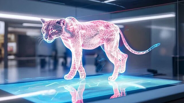 A stunning hologram of a panther moves gracefully in a sleek exhibition area, demonstrating cutting edge visual technology