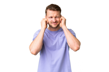 Young handsome caucasian man over isolated chroma key background frustrated and covering ears