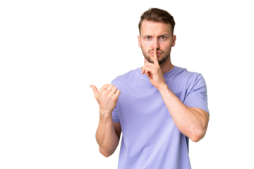 Young handsome caucasian man over isolated chroma key background pointing to the side and doing silence gesture