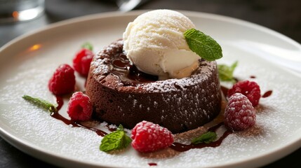 Photo of, A decadent plate of molten chocolate lava cake with a scoop of vanilla ice cream and fresh raspberries, Lava cake plate centered