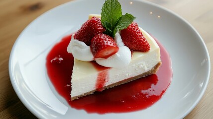 Photo of, A decadent plate of New York cheesecake topped with strawberry compote and whipped cream, Cheesecake plate centered