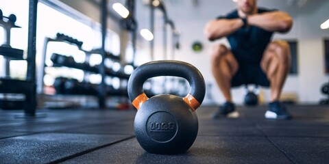A sharp focus on a 5kg kettlebell in the foreground with a blurred background of a modern gym. The emphasis on the kettlebell highlights its importance in strength training and workouts.