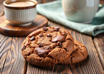 Fototapeta premium Milk and chocolate chip cookies. A light, delicious, homemade breakfast.
