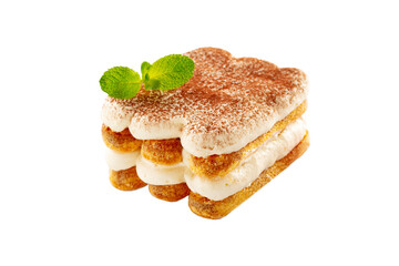 Tiramisu traditional Italian dessert isolated on white. Close up.