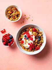 Healthy breakfast. Granola, muesli with yogurt and fresh berries. Pink background. Close up. Top view.