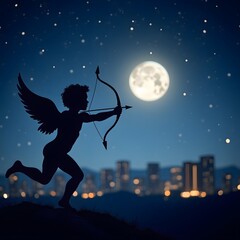 Silhouette of a winged child archer against a moonlit cityscape