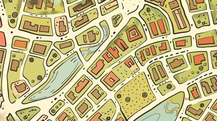 Obraz premium Overhead Aerial View of a Densely Packed Residential and Commercial Urban Neighborhood with Buildings Streets and Infrastructure Depicted in a Detailed Layout and Design