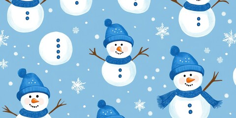 Fun winter pattern featuring cheerful snowmen and snowballs on a light blue background with snowflakes all around creating a festive atmosphere for holiday celebrations