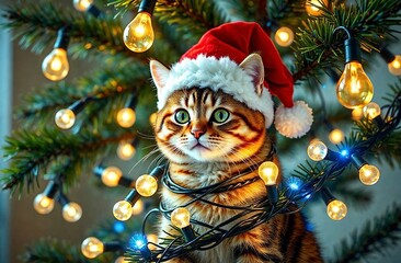 Obraz premium Cute cat wearing red Santa Claus hat. Red kitten is entangled in a garland with light bulbs sitting on Christmas tree. Happy New Year celebration postcard, invitation to party. Advertising banner.