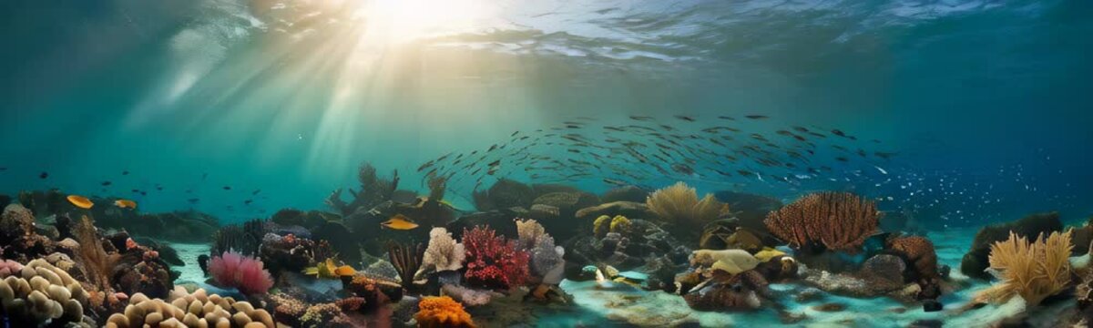 Animals of the underwater sea world. Ecosystem. Tropical fish. Life in the coral reef. Copy space banner