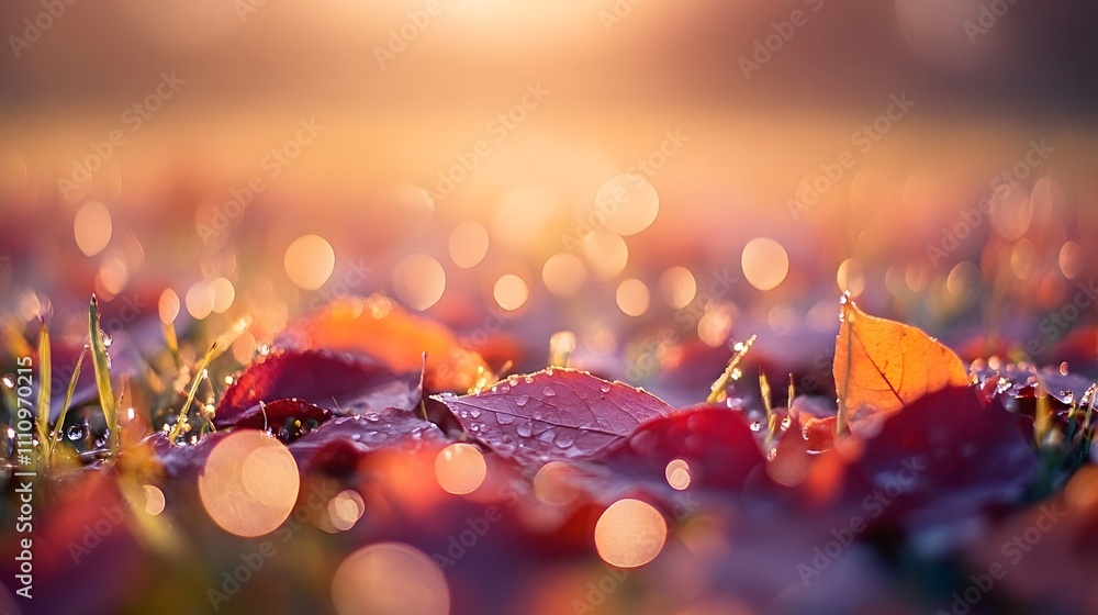 Poster soft focus on dew-kissed autumn leaves with vibrant colors and warm background light creating a sere