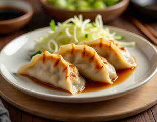 A plate of Gyoza japanese  dumplings served with soy sauce and shredded cabbage. Perfectly grilled
