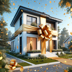 Luxurious Modern House Gift Wrapped in Gold Ribbon with Festive Confetti Against Suburban Landscape