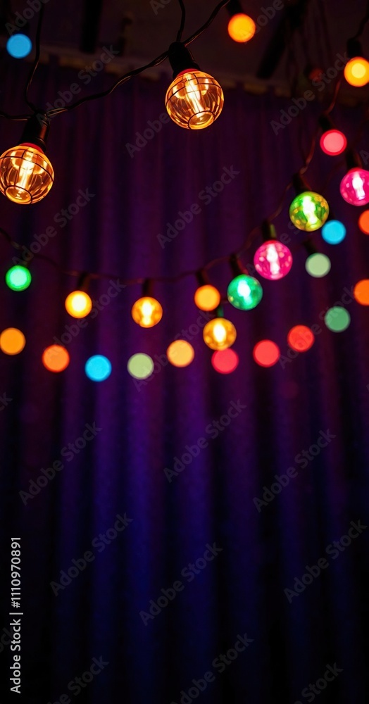 Poster vibrant string lights suspended above a dark velvet backdrop with soft focus bokeh effect, festive a