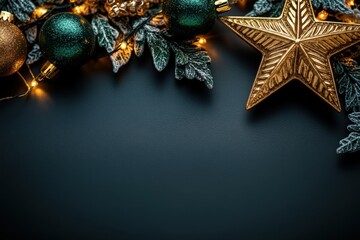 Naklejka premium Festive decorations with golden star and green ornaments arranged on dark background for holiday celebration and winter festivities