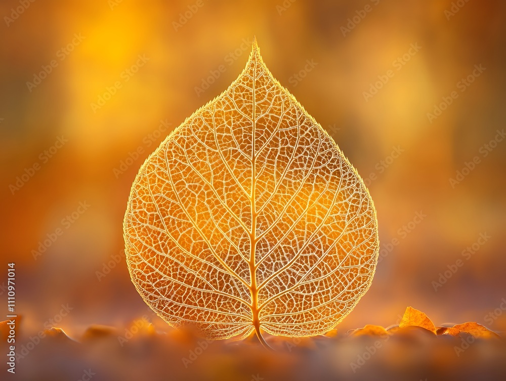Poster Beautiful golden leaf with intricate vein patterns illuminated by soft ethereal light, creating a stunning autumnal background that evokes feelings of warmth and serenity.