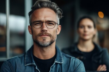 Obraz premium A mature man with gray hair and glasses stands confidently in the foreground, while a woman is blurred in the background, creating a depth of field effect.
