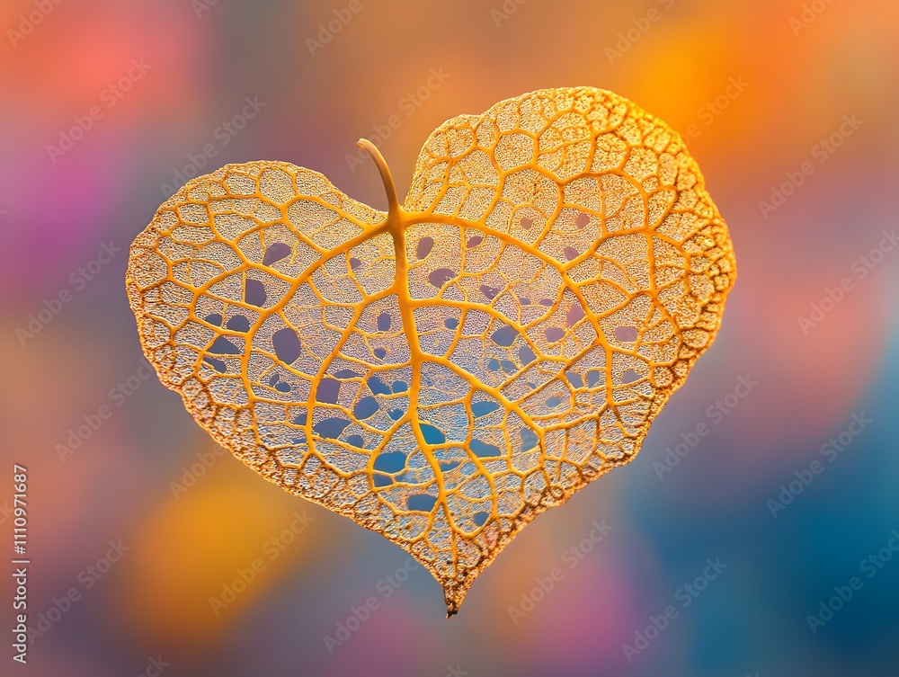 Poster delicate heart-shaped leaf with intricate veins against a colorful blurred background representing n