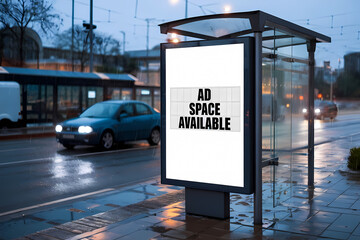 Blank advertisement mock up board on a rainy day at the bus stop.