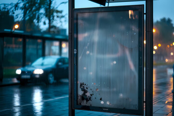Blank advertisement mock up board on a rainy day at the bus stop.