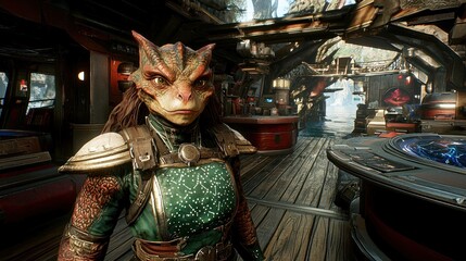 Naklejka premium Star Wars Jedi Survivor: A Lizard Character in a Lush, Jungle-Themed Cantina