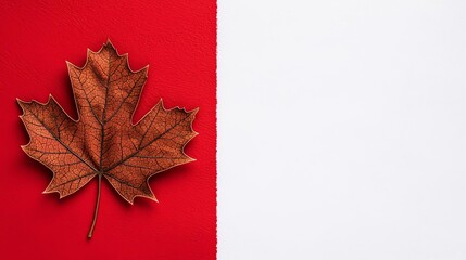 Canada flag red and white pride concept. A dried maple leaf rests on a red background, representing autumn, nature, and Canadian symbolism.