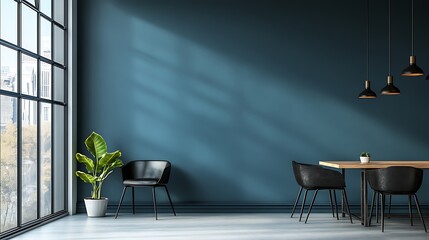 Loft-style coworking office with a blank blue wall