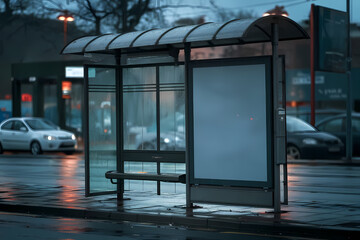 Blank advertisement mock up board on a rainy day at the bus stop.