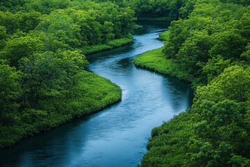 Fototapeta premium Lush Green Forest River Winding Through Canopy