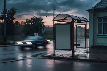 Blank advertisement mock up board on a rainy day at the bus stop.