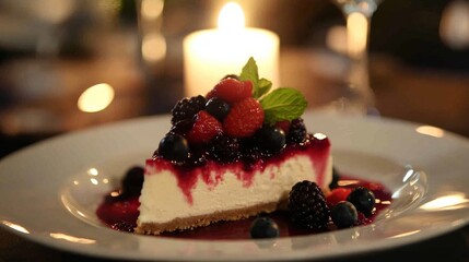 Photo of, A decadent slice of cheesecake topped with a generous layer of mixed berries compote, served on a graham cracker crust