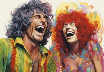 Obraz premium A young couple laughing about something. The spouses communicate gently and with humour. Beautiful young people enjoying each other. Design for cover, postcard, decoration, etc.