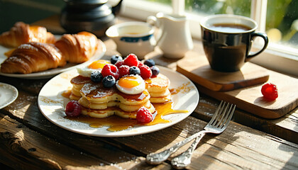 An elegant brunch spread on a rustic wooden table, featuring fluffy pancakes drizzled with golden ma