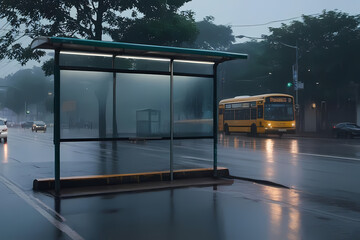 Blank advertisement mock up board on a rainy day at the bus stop.