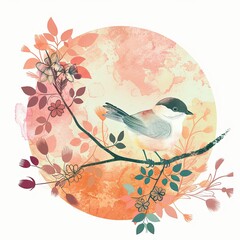 A songbird sits on a branch surrounded by many leaves. Image in watercolor style. Illustration for cover, card, postcard, interior design, banner, poster, brochure or presentation.