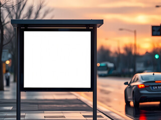 Blank advertisement mock up board on a rainy day at the bus stop.