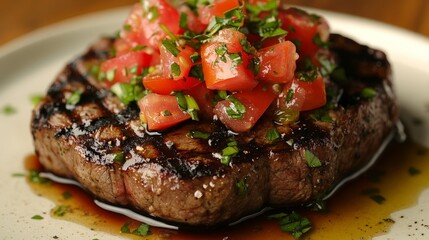 A grilled steak topped with fresh tomato and herb salsa, served on a plate.