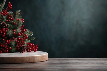 Fototapeta premium A minimalistic design featuring a simple arrangement of red berries, pine branches, and pinecones placed artfully on a wooden surface against a dark backdrop.