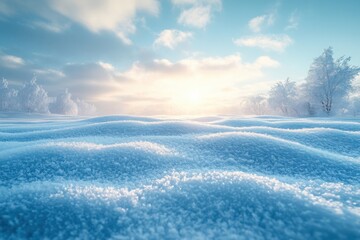 Snowy landscape with trees and sun shining through clouds, winter