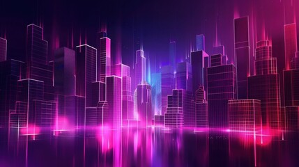 futuristic city skyline, neon lights, digital cityscape, modern architecture, vibrant colors, night view, glowing buildings, urban landscape, high tech environment DESIGN