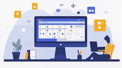 Fototapeta premium A creative workspace with a monitor showing social media marketing tools, including a content calendar, ads manager, and performance analytics