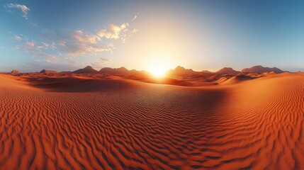 Awe-Inspiring Desert Sunrise: A breathtaking panorama of a vast desert landscape at sunrise, showcasing the golden hour hues and majestic sand patterns.  A visual masterpiece of nature's artistry.