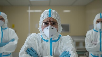 Fototapeta premium Healthcare Workers in Protective Gear Showing Concern and Preparedness in a Hospital Environment Amidst a Health Crisis