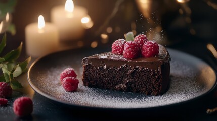 Photo of, A decadent slice of flourless chocolate cake topped with raspberry coulis and fresh raspberries, Flourless chocolate cake plated elegantly with a dusting of powdered sugar