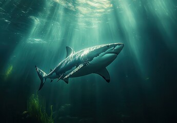 Fototapeta premium A Majestic Great White Shark Swimming Gracefully Through Sunlit Ocean Waters Surrounded by Soft Rays and Underwater Vegetation
