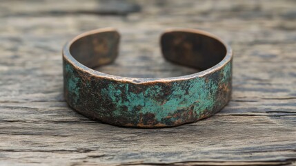 Naklejka premium Oxidized Copper Bracelet with Green Patina on Weathered Wood
