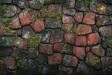 Obraz premium Cracked brick design: aged facade, weathered wall texture, rustic surface marks, worn masonry aesthetics, aged structural charm, uneven brickwork details, distressed finish, vintage ambiance