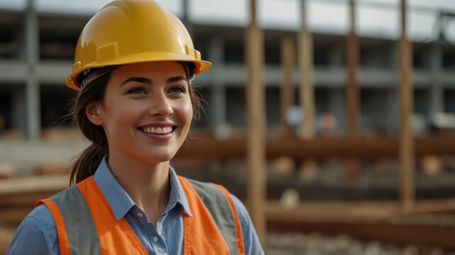 Construction worker smiling at job site urban environment portrait photography daylight inspiring work ethic