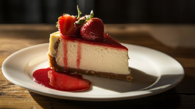 Photo of, A decadent slice of New York cheesecake topped with fresh strawberries, Cheesecake on plate