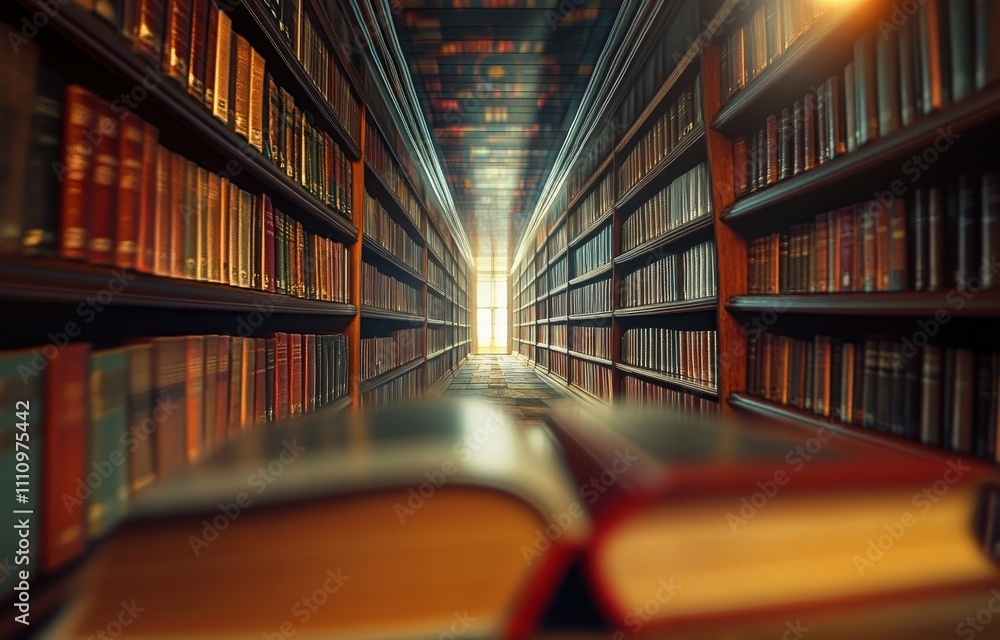 Poster a serene perspective of a grand library with endless bookshelves and faded light filtering through t